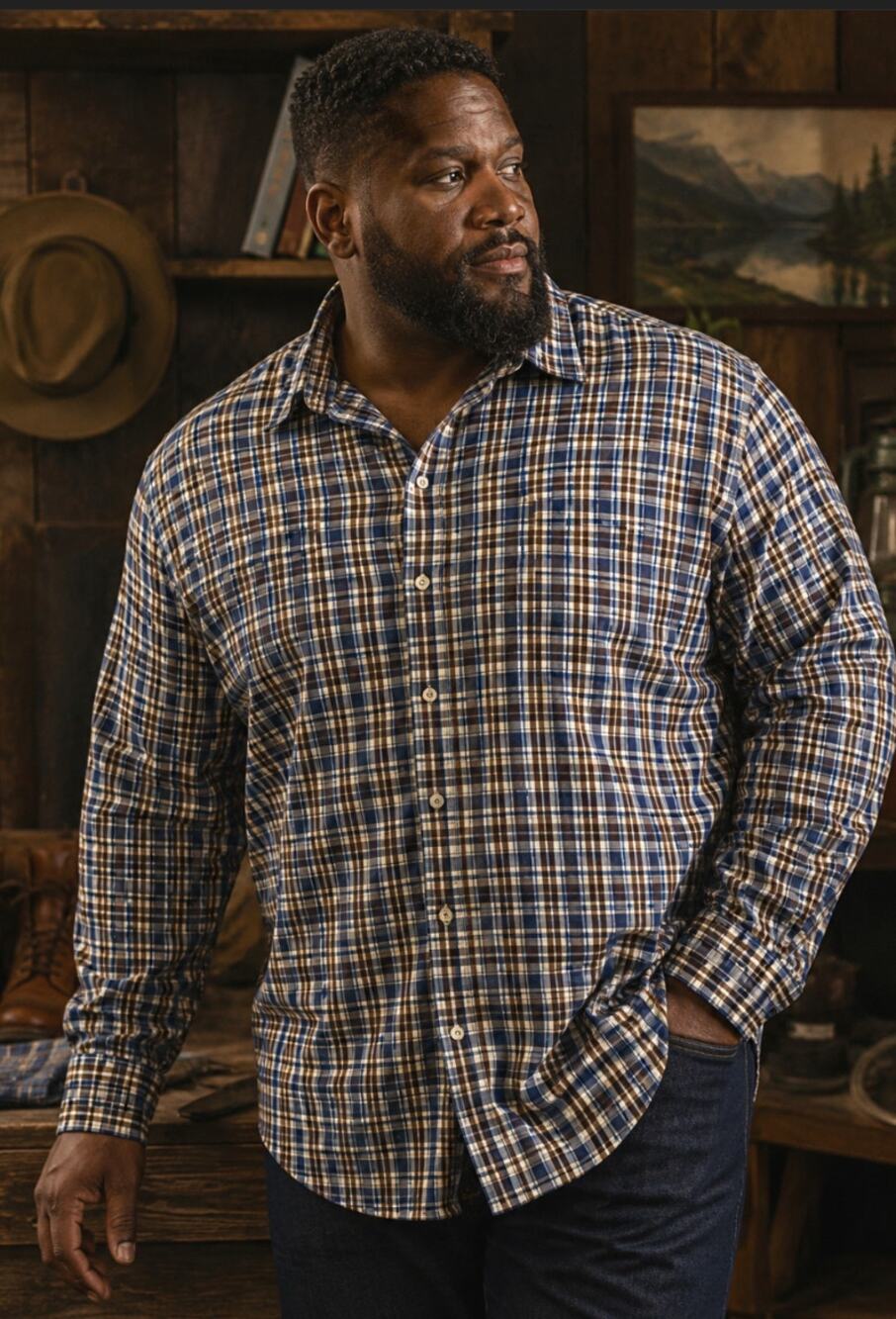 Alex Cannon 2XL Plaid Flannel Shirt Men’s Blue Brown Heritage Western